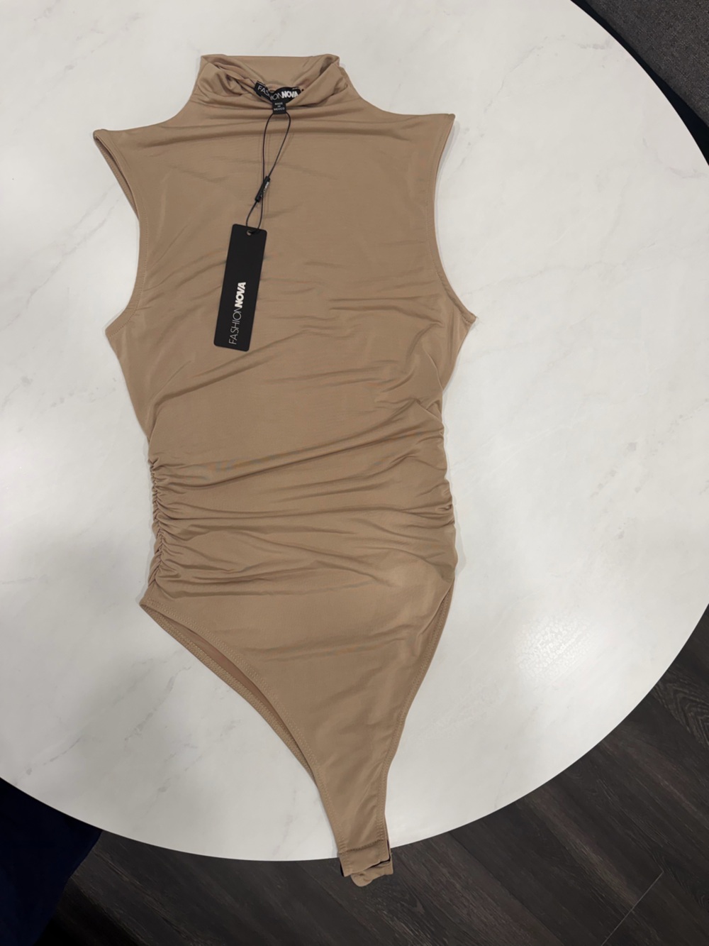 Fashion Nova Taupe High-Neck Sleeveless Ruched Bodysuit